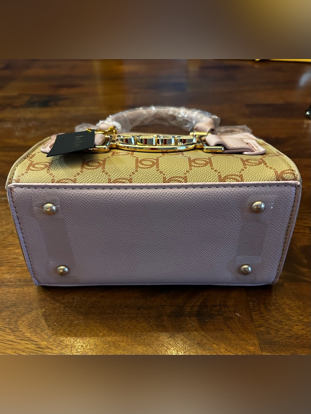 bebe Almond & Powder Pink Mini Satchel w/Gold Hardware Logo & Crossbody Strap - Picture 8 of 9